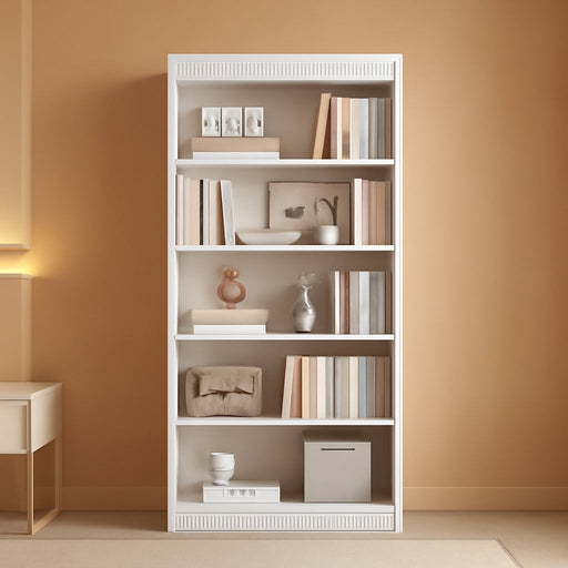 71 in Farmhouse Bookcase W/Double Fluted Design, 5 Tier Tall Bookshelf with Wooden Base, Wooden Bookshelf Rustic Vintage Book Shelf for Office Library (White, 70.8" H X 30" W X 11.9" D)
