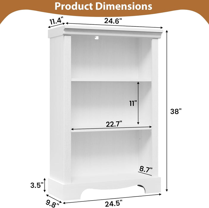 3-Tier Bookshelf, White Bookshelf with Adjustable Shelf, Wooden Bookshelf Open Storage, 9.8" D X 24.6" W X 38" H, Small Bookcase for Study Room, Living Room, Home Office, Bedroom (White)