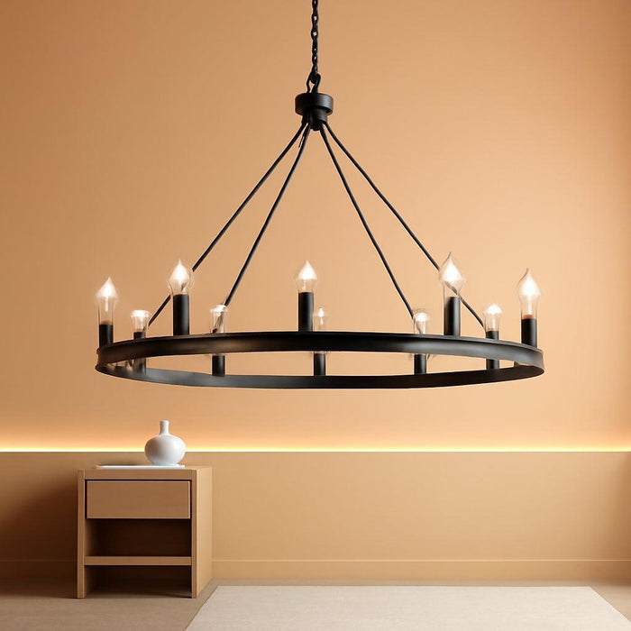 Wagon Wheel Chandelier 12 Light 38" Large Black Farmhouse Chandelier for Dining Room Rustic Country Pendant Light Fixtures Hanging Modern round Chandeliers for Living Room High Ceilings Foyer Entryway