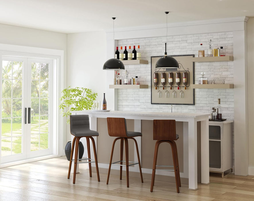 Vienna Mid-Century Modern 30" Bar Height Barstool Faux Leather Wood Finish, Grey/Walnut