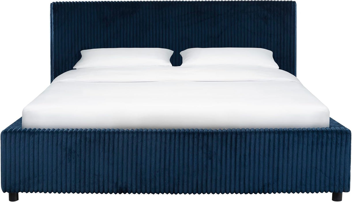 Couture Collection - Mallika Navy Corduroy Queen Bed, Channel Tufted Headboard, Plush Upholstery, No Box Spring Needed (SFV6117C-Q)