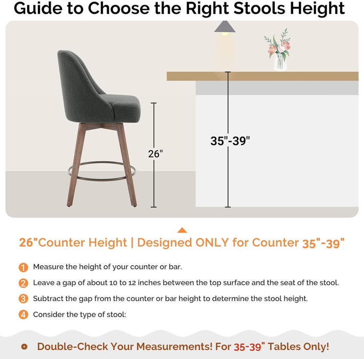 Counter Height Bar Stools Set of 4, Modern Mid-Century Swivel Barstools with Backs and Wood Legs, Linen Fabric Upholstered Bar Chairs, 26" Seat Height Counter Stools for Kitchen Island, Gray