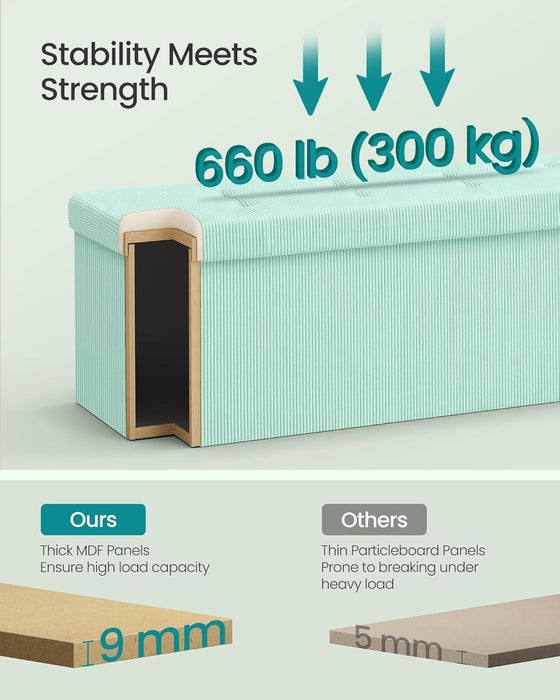 MAZIE Collection - Storage Ottoman Bench, Foldable Foot Rest, 15 X 43 X 15 Inches, End of Bed Bench, Storage Chest, Load 660 Lb, Living Room, Bedroom, Entryway, Moonlight Green ULSF604C01