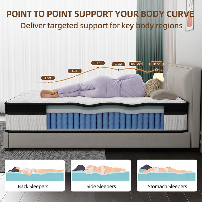 14 Inch Queen Hybrid Mattress - Medium Firm Memory Foam and Pocket Spring Bed in a Box - Cooling Gel for Pressure Relief, Certified Motion Isolation, Fiberglass Free Mattress for Queen Bed