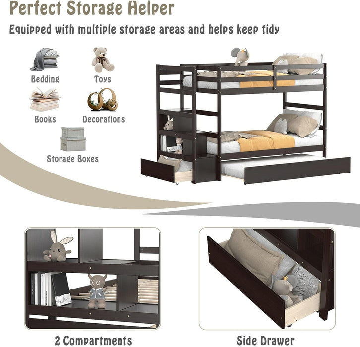 Espresso Solidwood Twin Bunk Bed With TrundleStorage