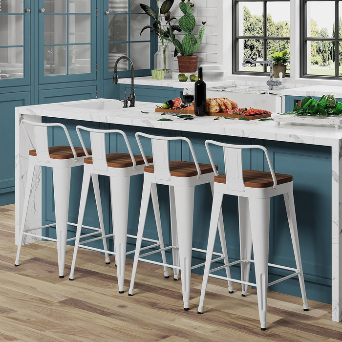 Bar Stools Set of 4 Counter Height Bar Stools Metal Barstools with Removable Back 26" Kitchen Bar Stools with Wooden Seat, White