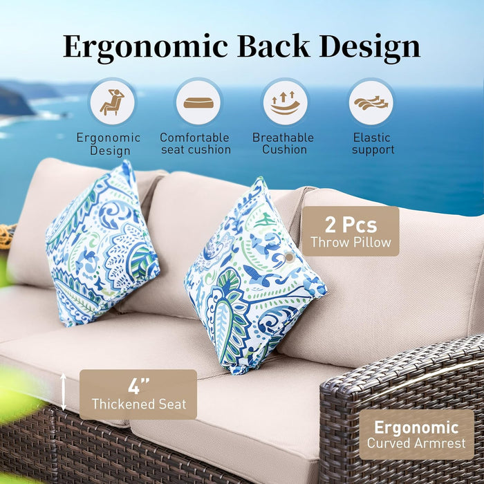 Patio Furniture Set Outdoor Furniture Brown Wicker Rattan Patio Conversation Sets with Cushion outside Sofa Set,6 Pieces with Rectangular Firepit Table,7 Seats,Beige