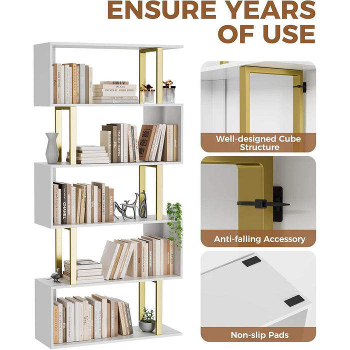 5 Tier Geometric Bookcase,S Shaped Bookshelf, Wood Decorative Storage Shelving, Modern Freestanding Display Shelves, Tall Book Shelf Unit for Living Room Bedroom, Gold