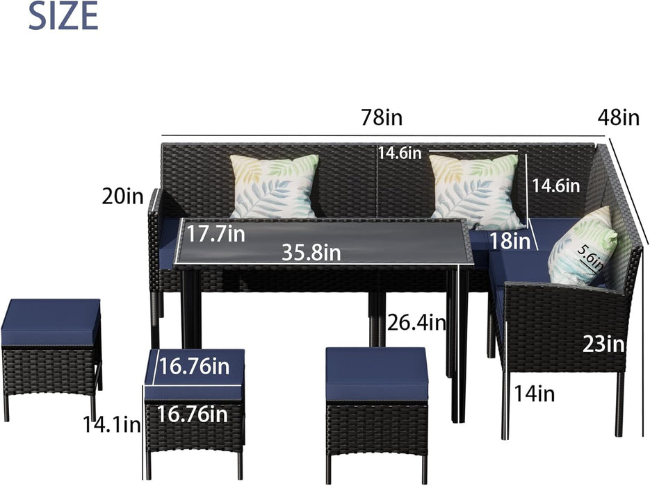 Small Space Patio Furniture Set 7-Piece, Outdoor Sectional Sofa with Waterproof Cushions, Space-Saving Backyard Furniture Set, Glass Table, Perfect for Patio, Garden, Balcony, Dark Blue.