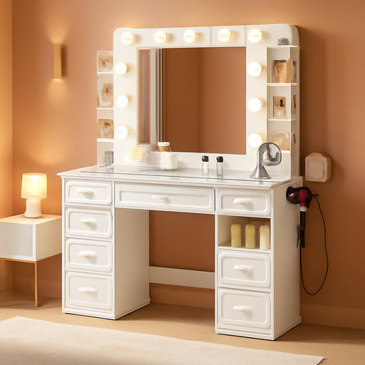 Vanity Desk With GlassTop Illuminated Mirror Drawers