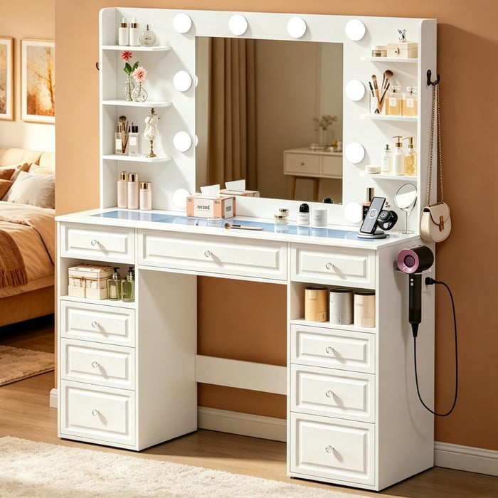 Vanity Desk With GlassTop Illuminated Mirror Drawers