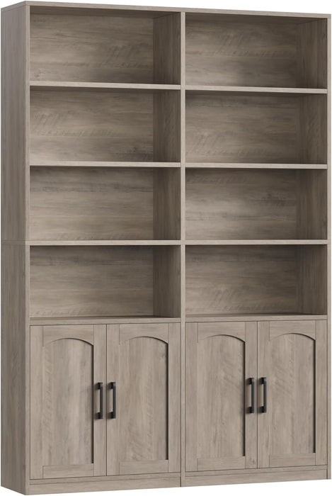 Bookshelf and Bookcase with Doors, 6 Tier Double Wide Large Bookshelves, Open Display Shelves, 73'' Tall Bookshelf with Storage Cabinets for Home Office, Living Room, Library, Wash Gray