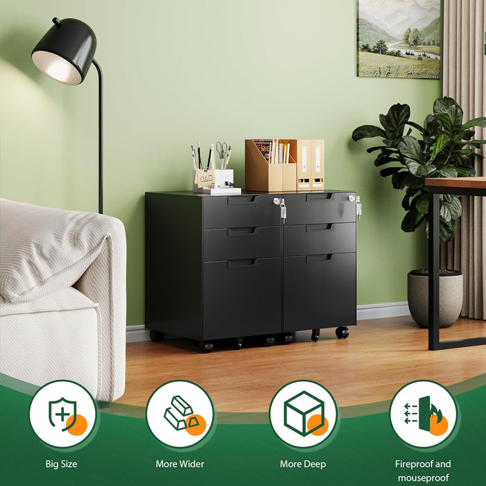 3 Drawer Mobile File Cabinet with Lock,Under Desk Metal Small Filing Cabinets for Home Office Organizer Letters/Legal/A4(Fully Assembled except Wheels-Black)