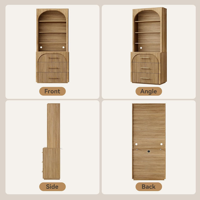 72" Tall Arched Storage Cabinet with Hutch, Bookcase with Open Shelves