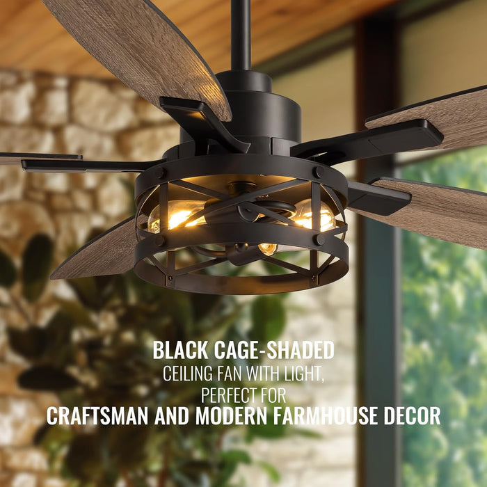 52 Inch Ceiling Fan with Light and Remote Control, Farmhouse Ceiling Fan with LED Lighting for Bedroom Living Room and Patio, Black Caged Ceiling Fan for Indoor and Outdoor(No Bulbs)