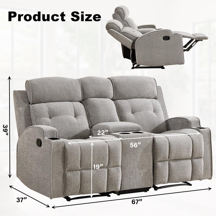 CAMMOV 67" Manual Loveseat Recliner Sofa, Wall-Hugger 2 Seat Reclining Loveseat Couches with 2 Concealed Cup Holders, Hidden Storage, Chenille Fabric Reclinable Sofa for Living Room, Light Grey