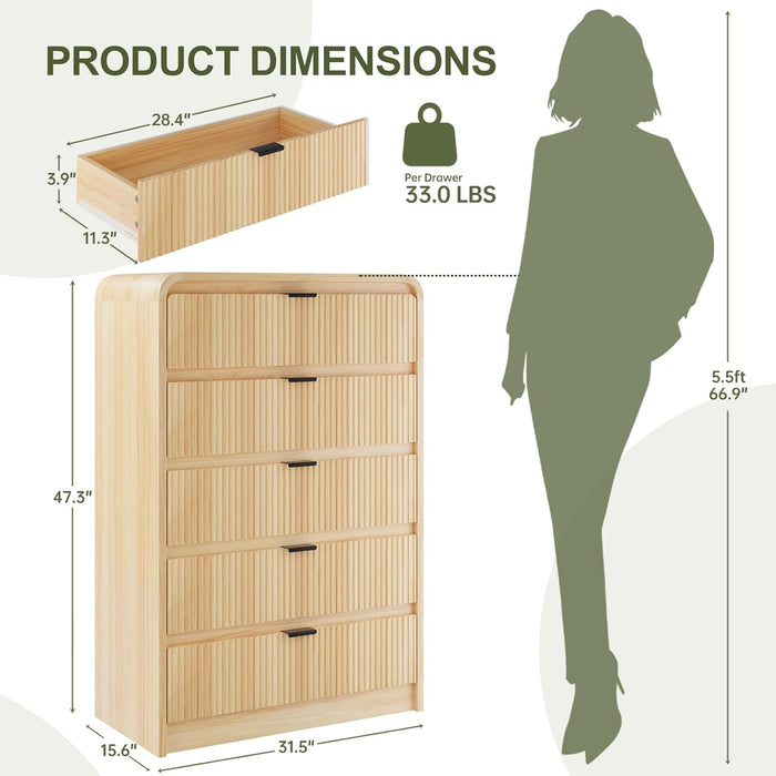 Fluted 5 Drawers Dresser for Bedroom, 48" Tall Wooden Modern Dresser with Metal Handle, Curved Profile Design, Storage Organizer for Bedroom, Hallway (Natural Oak)