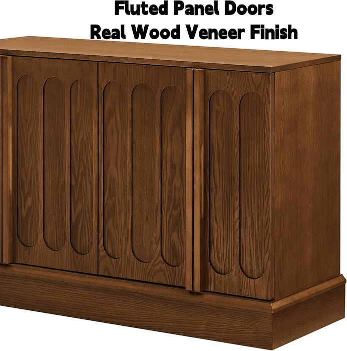 45" Mid-Century Modern Sideboard Buffet Cabinet with Fluted Doors,Credenza Storage Cabinet with Solid Wood Veneer,Seamless Base Accent Cabinet,Walnut