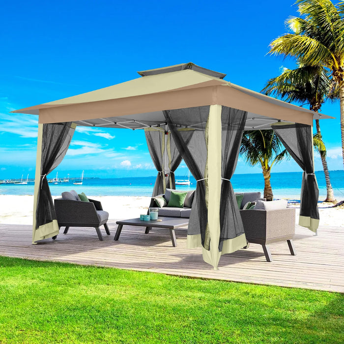 12X12Ft Outdoor Gazebo Pop up Gazebo with Mosquito Netting, Instant Patio Canopy Tent for Shade and Rain, 2 Tiered Vente Gazebo Canopy UPF 50+ for Garden Backyard with Carry Bag&4 Sandbags