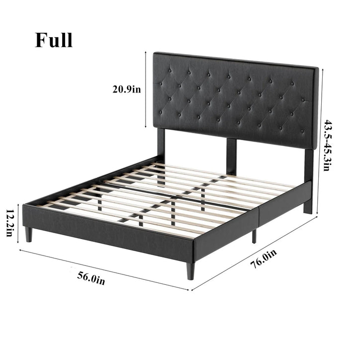 Full Size Bed, Black Faux Leather Upholstered Button Tufted Low Profile Platform Bed Frame with Adjustable Headboard for Bedroom