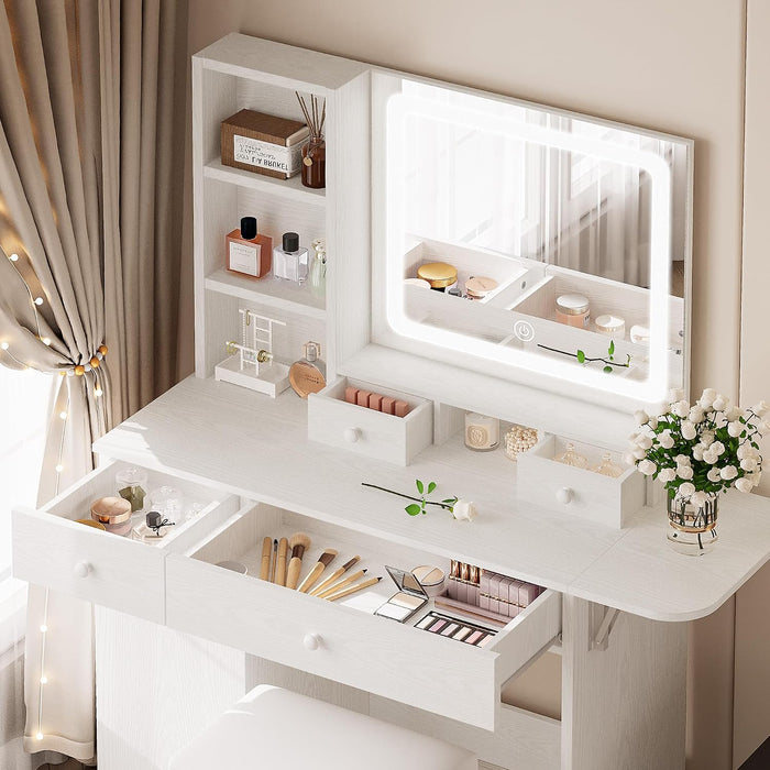 White Vanity Desk Illuminated Mirror Storage Cabinet