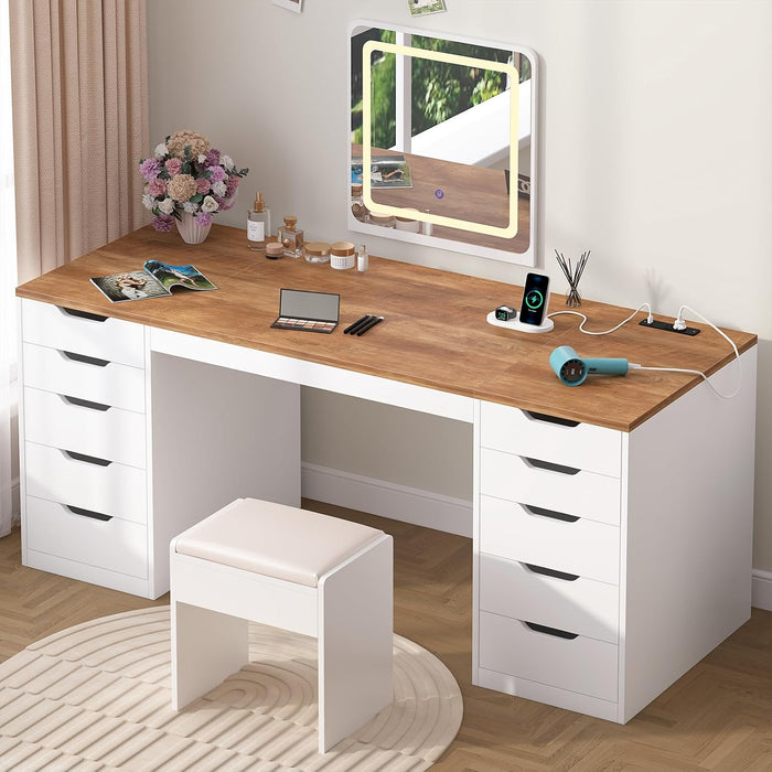 55 Inch Computer Desk with 10 Drawers and Outlets for Home Office