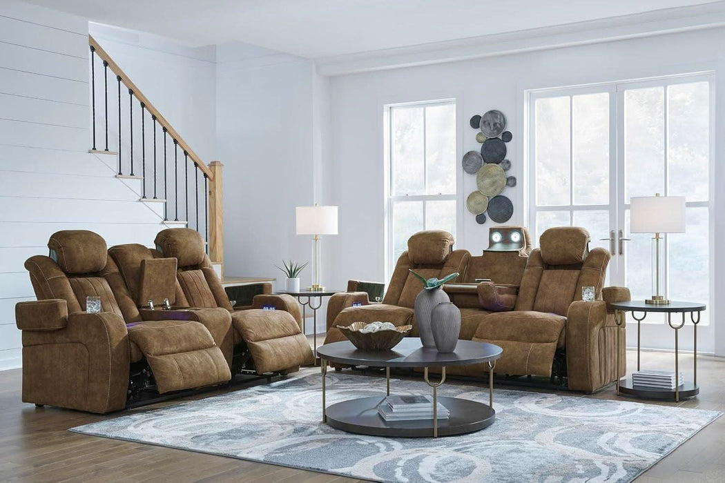 Wolfridge Contemporary Faux Leather Power Reclining Sofa with Drop down Table, LED Lights, Electrical Outlet, Wireless Charging, USB Ports and Cup Holders, Light Brown