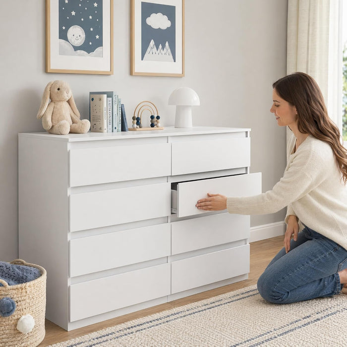 White 8 Drawer Dresser for Bedroom,Modern Deep Drawer Dresser,Wide Storage Chest of Drawer for Closet,Wood Storage Organizer Furniture for Living Room