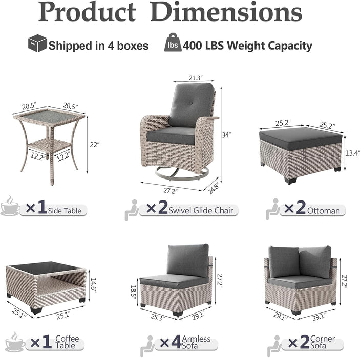 Patio Furniture Set, 12-Piece Outdoor Sectional Sofa with Swivel Rocker Chairs & Ottomans, Wicker Patio Conversation Set with Coffee Table, Gray Cushions