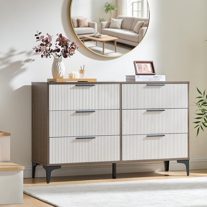 47" Wide Fluted 6 Drawer Dresser for Bedroom, Walnut/White