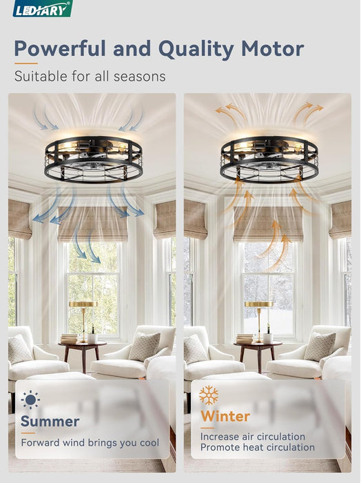 20" Caged Ceiling Fan with Light and Remote, Low Profile Flush Mount Fandelier, Black Bladeless Enclosed Small Fan Lights Ceiling Fixtures, Rustic Farmhouse Style for Bedroom, Outdoor