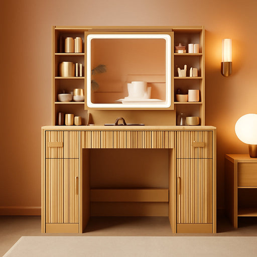 Makeup Vanity Desk with Mirror, Fluted Vanity with 5 Drawers and 2 Cabinets & Open Shelves and Power Outlet & Sliding Lighted Mirror and 3 Lighting Modes, Wood Dressing Table for Bedroom, Natural Oak
