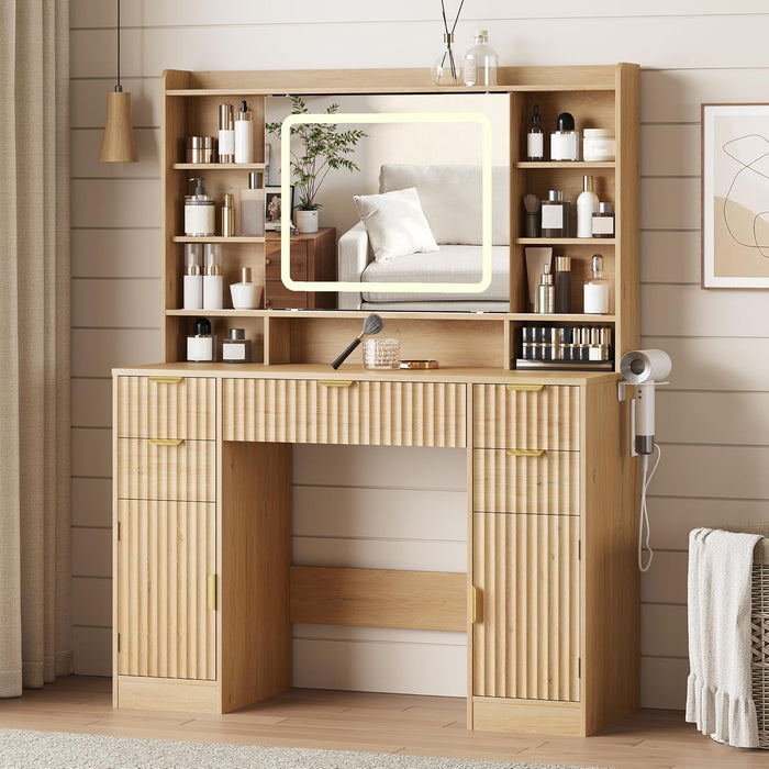 Makeup Vanity Desk with Mirror, Fluted Vanity with 5 Drawers and 2 Cabinets & Open Shelves and Power Outlet & Sliding Lighted Mirror and 3 Lighting Modes, Wood Dressing Table for Bedroom, Natural Oak