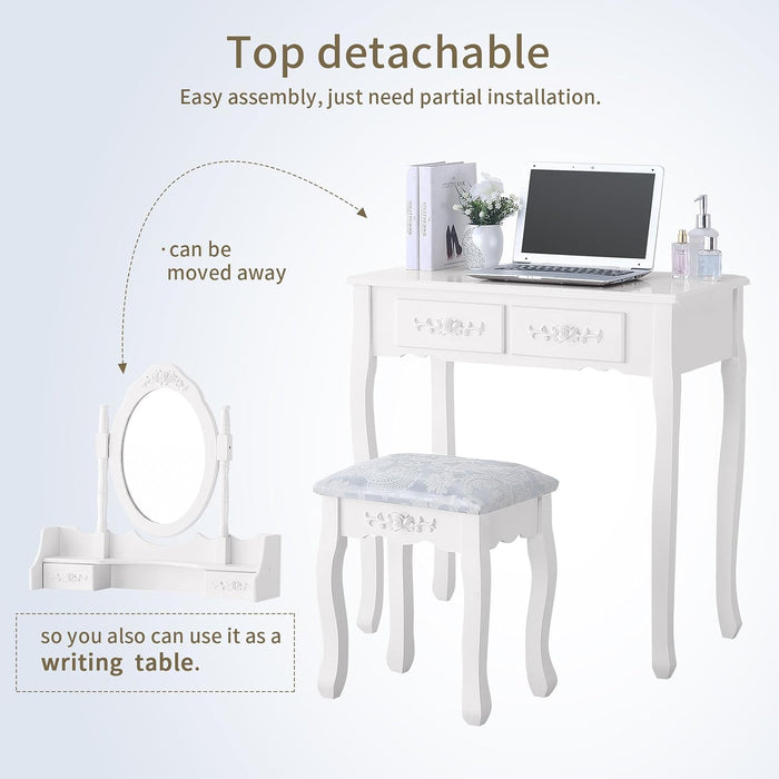 Vanity Table Set with 4 Drawer,Makeup Dressing Table W/Cushioned Stool,Girls Women Bedroom Furniture Set Oval Mirror White