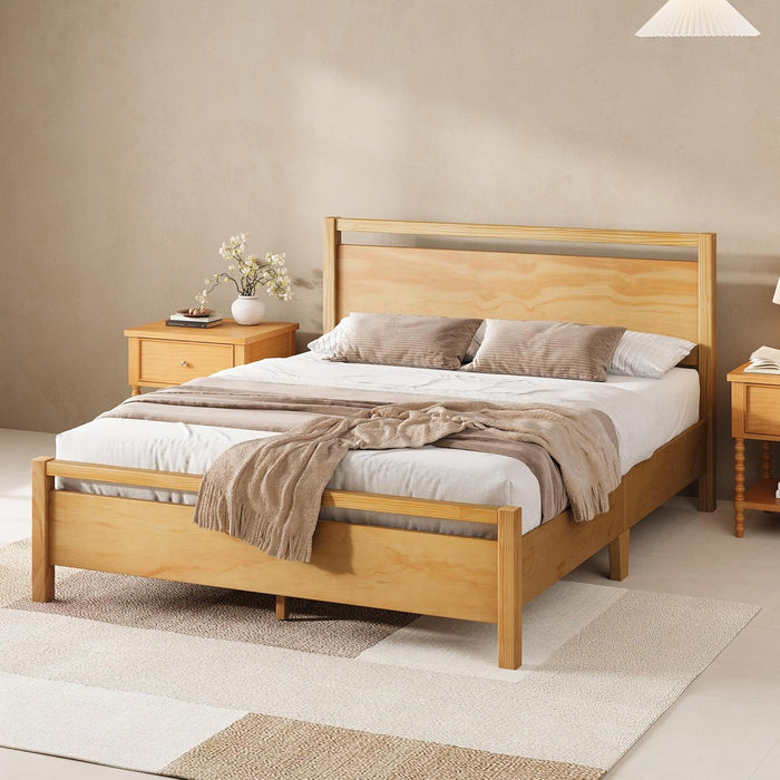 Full Size Solid Wood Bed Frame with Headboard, Minimalist Platform Bed with Wood Slats Support/No Box Spring Needed/Easy Assembly/Noise-Free, Natural