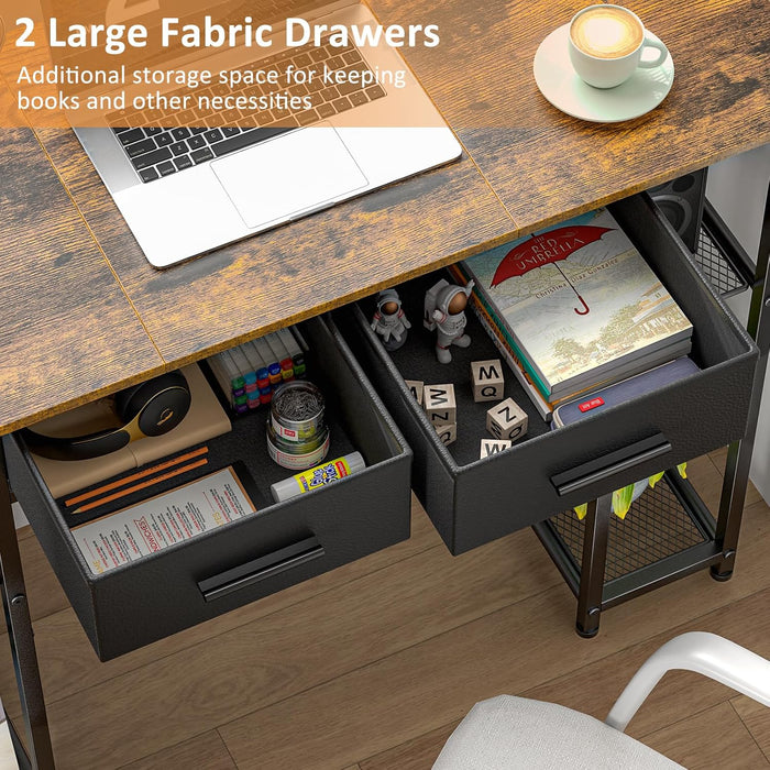 Computer Desk with Drawers, 37.3 Inch Home Office Work Desk with Storage Shelf, Kids Teens Study Table for Small Space, Small Writing PC Table for Bedroom Makeup Vanity Desk, Brown