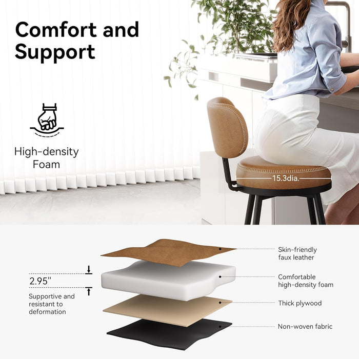 Bar Stools Set of 2, Faux Leather 26" H Swivel Counter Height Barstools with Back, Mid Century Modern Bar Stools with Stylish Stitching for Kitchen Island, Metal Base, Saddle Brown