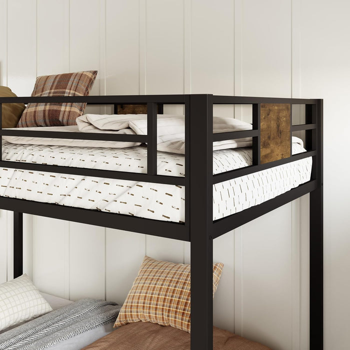 Twin over Twin Bunk Bed with Rustic Wooden Accents, Sturdy Metal Frame, Space-Saving Design, Noise-Free, Black