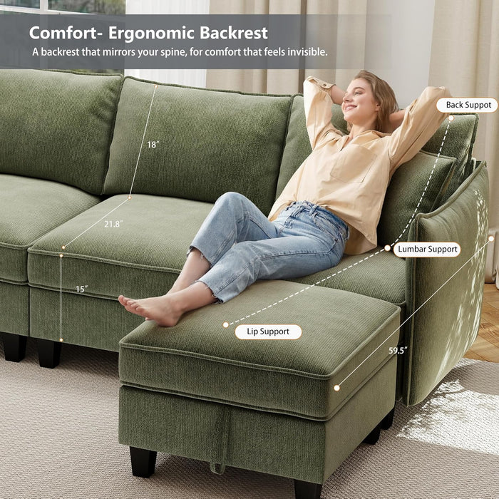 Green 112Inches Sectional Sofa With Storage Ottomans
