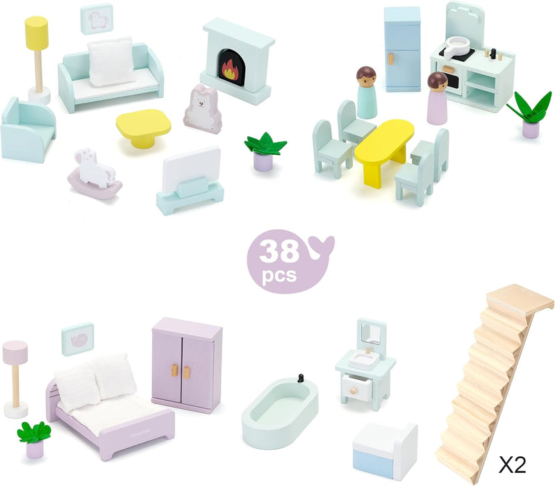 Wooden Dollhouse, 6 Rooms Doll House with 38 Pcs Furniture Set, DIY Pretend Modern Playhouse, 3-Story Kids Dollhouse, Ideal Gift for Kids Ages 3+