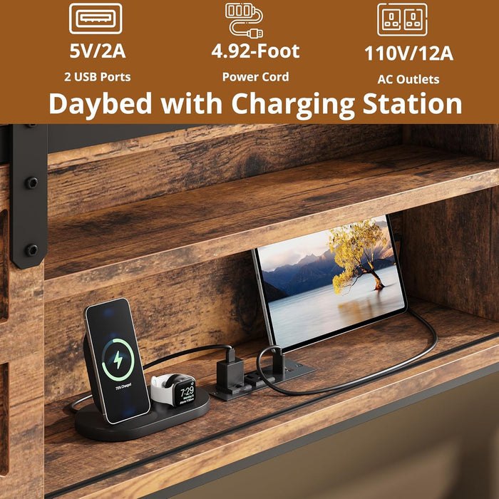 Daybed with Trundle Bed, Sofa Bed Twin with Charging Station, with Storage Headboard & Strong Support, for Living Room, Bedroom and Guest Room, Industrial Brown