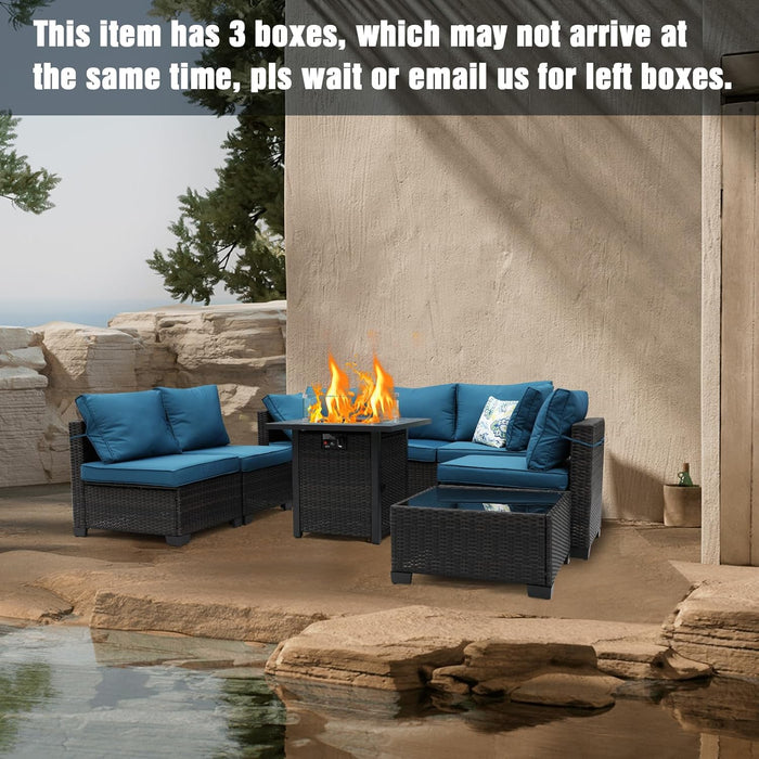 8-Piece Patio Set Furniture Rattan Wicker Outdoor Sectional Sofa with 28" Gas Fire Pit Set and Cushions, Conversation Set for Backyard, Patio, Garden, Brown/Peacock Blue