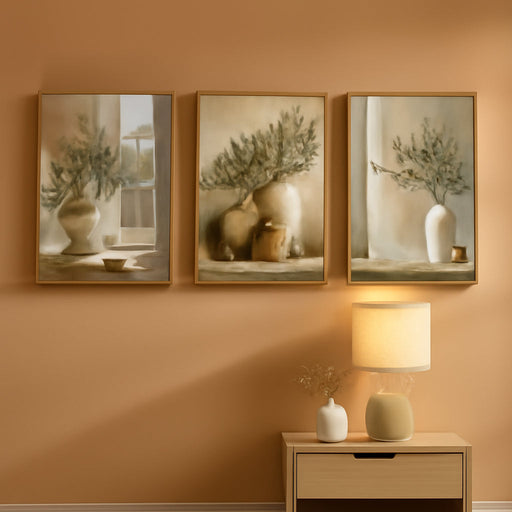 Mediterranean Olive Branch Wall Art Rustic Still Life Wall Decor | 16”X24”X3 Framed Green Botanical Canvas Poster,Farmhouse Olive Branch in Vase Pictures,Vintage Potted Plant Artwork