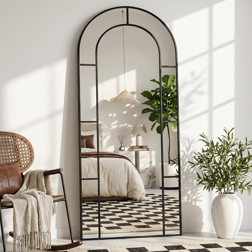 71" X 28" Arched Full Length Floor Mirror, Farmhouse Window Pane Mirror with Metal Frame, Decorative Leaning or Wall Mounted Mirror for Bedroom, Living Room, Entryway, Black