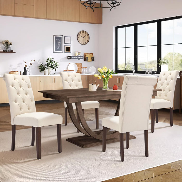 Tufted Dining Chairs Set of 4, Accent Parsons Diner Chair Upholstered Fabric Stylish Kitchen Chairs with Solid Wood Legs and Padded Seat, Beige
