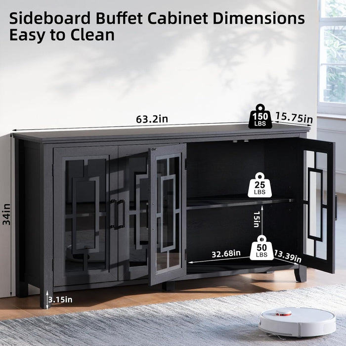 Large Sideboard Buffet Cabinet with Storage, 63" Black Farmhouse Kitchen Coffee Wine Bar Cabinet with 4 Glass Doors, Mid Century Modern Wooden Side Board Table for Dining Room, Living Room