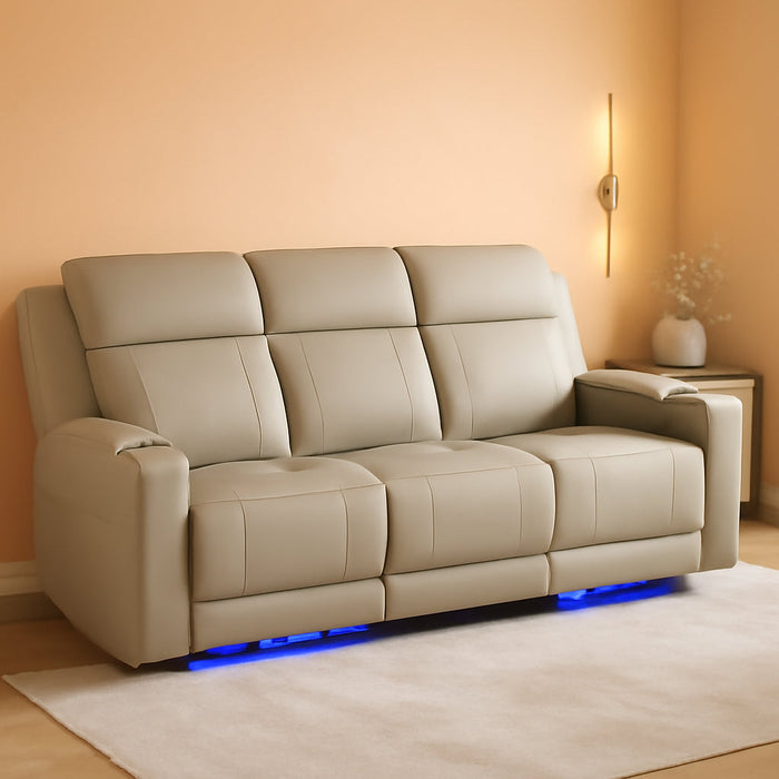 Dual Motor Power Reclining Sofa, Breathable Leather Reclining Couch with Power Headrest/Led Light/Armrest Storage, Recliner Sofa 3 Seater for Living Room (Grey, 3 Seater)