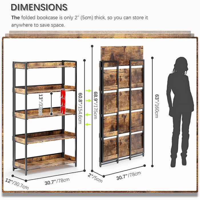 Extra Wdie No Assembly Folding Bookshelf, 64.3" H X 30.9" W, 5 Tier Collapsible Book Shelf Bookcase Foldable Shelves for Bedroom Living Room Home Office - Rustic Brown & Black