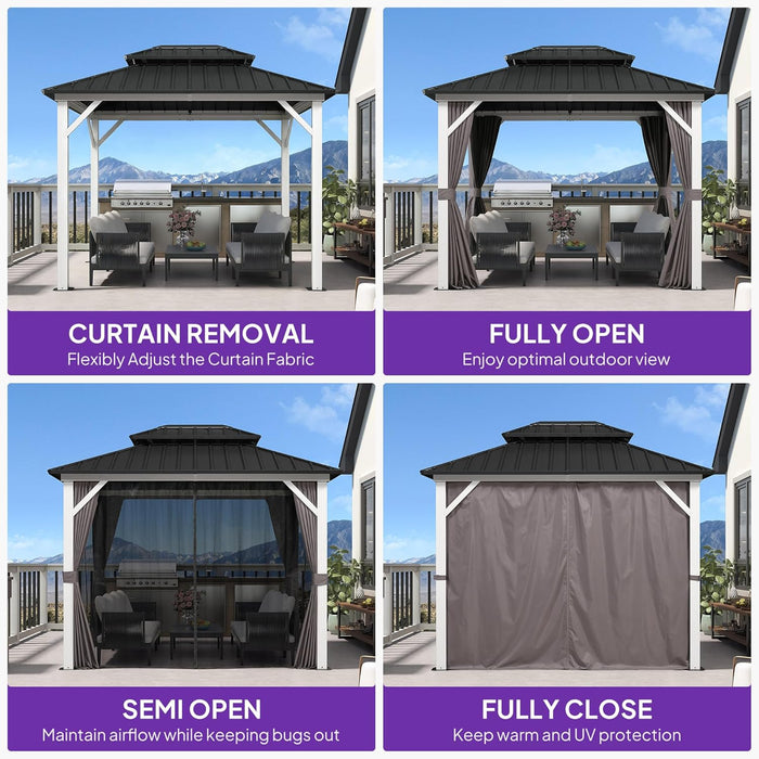 8' X 10' Hardtop Gazebo Metal Double Roof White Aluminum Frame Outdoor Heavy Duty Gazebo with Curtain and Netting for Patio Garden and Backyard, Grey