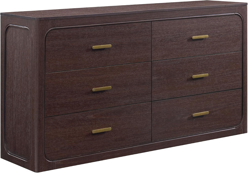 60" Wide Transitional 6-Drawer Dresser for Bedroom, Cacao Walnut